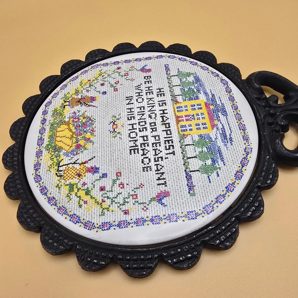 Vintage Cast Iron Trivet‎ Ceramic Insert Home Quote Cross Stitch Style Black